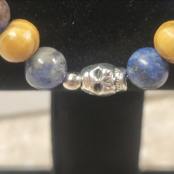 Men's Black Lava, Blue, and Wooden Beaded Stretch Bracelet with Skeleton - Picture 4 of 8